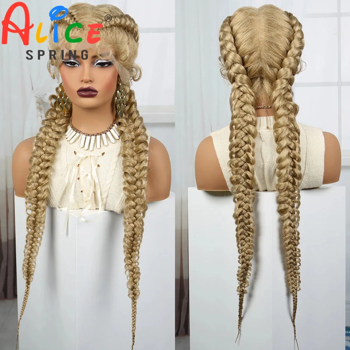 36 Inch Synthetic Lace Braided Wig Blonde Twisted Braids Wigs Transparent Lace Front Braided Wigs for Black Women with Baby Hair