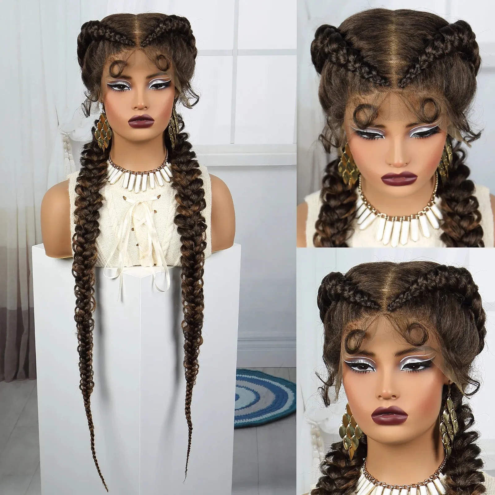 36 Inch Synthetic Lace Braided Wig Blonde Twisted Braids Wigs Transparent Lace Front Braided Wigs for Black Women with Baby Hair