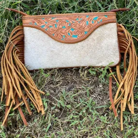 American Darling Tan Cowhide Tooled Clutch