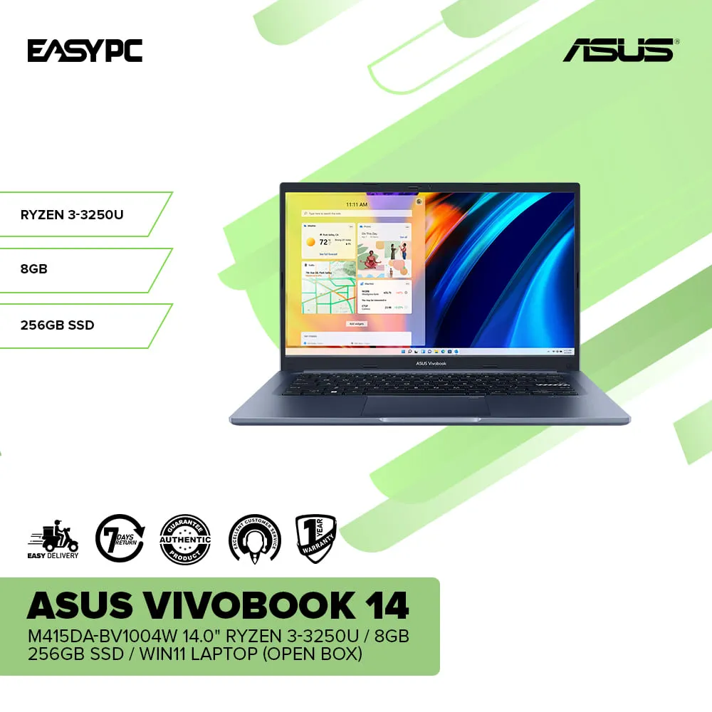 Asus Vivobook 14 M415DA-BV1004W 14.0" Ryzen 3-3250U/8GB/256GB SSD/Win11 Laptop (Open Box)