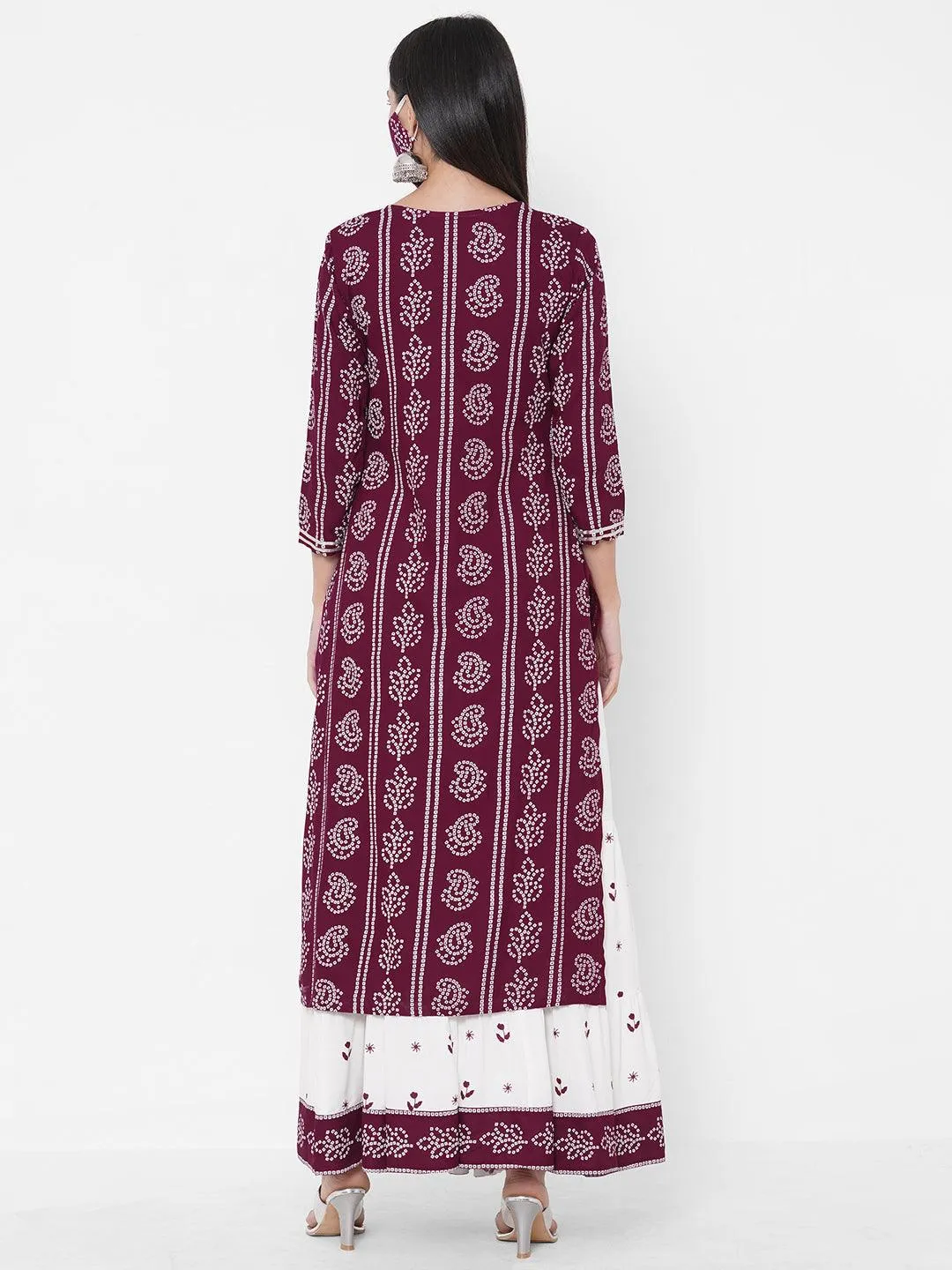 Bandhani Khari Printed Kurta with Ethnic Printed Tiered Skirt & 2-Ply Mask - Wine