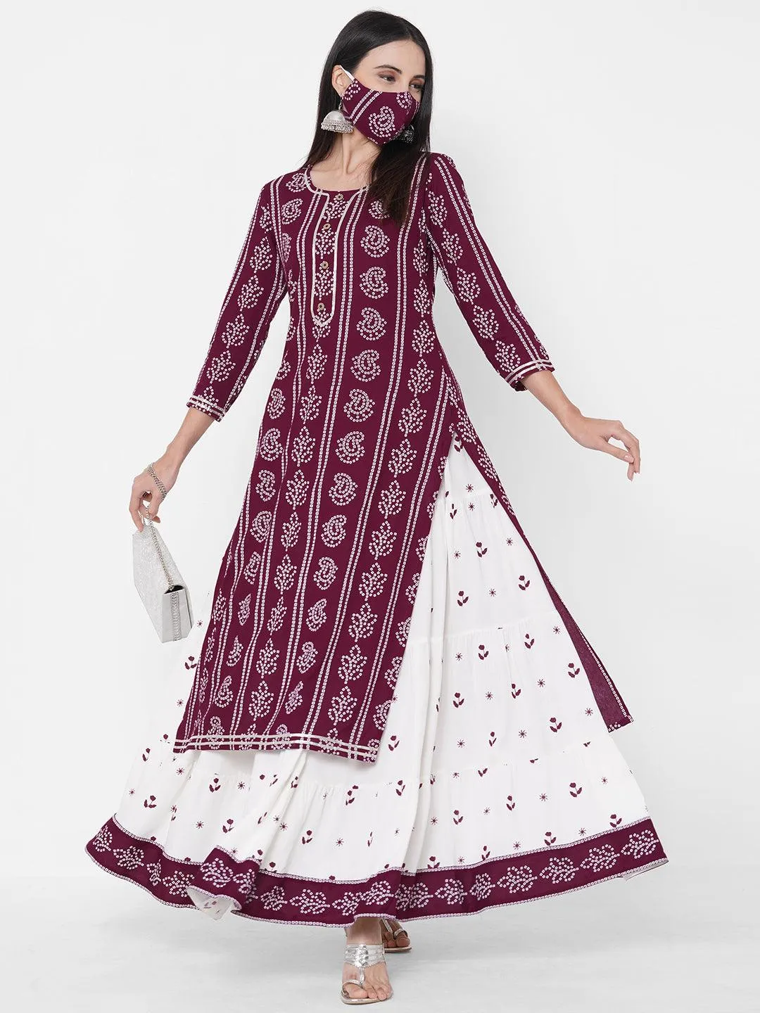 Bandhani Khari Printed Kurta with Ethnic Printed Tiered Skirt & 2-Ply Mask - Wine