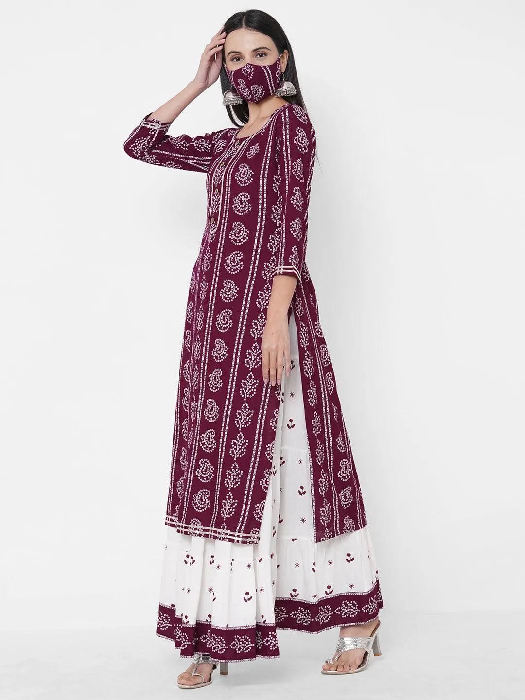 Bandhani Khari Printed Kurta with Ethnic Printed Tiered Skirt & 2-Ply Mask - Wine