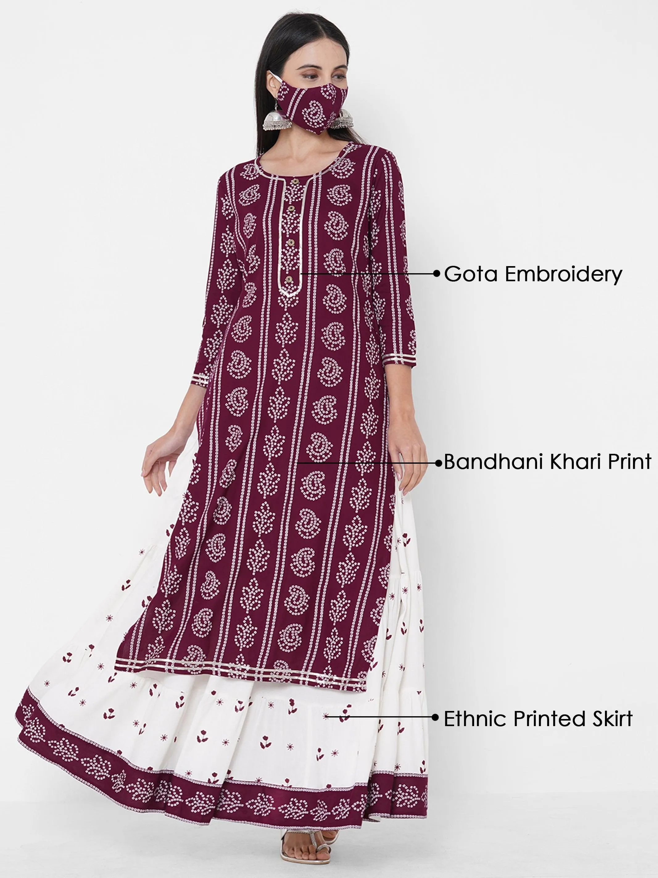 Bandhani Khari Printed Kurta with Ethnic Printed Tiered Skirt & 2-Ply Mask - Wine