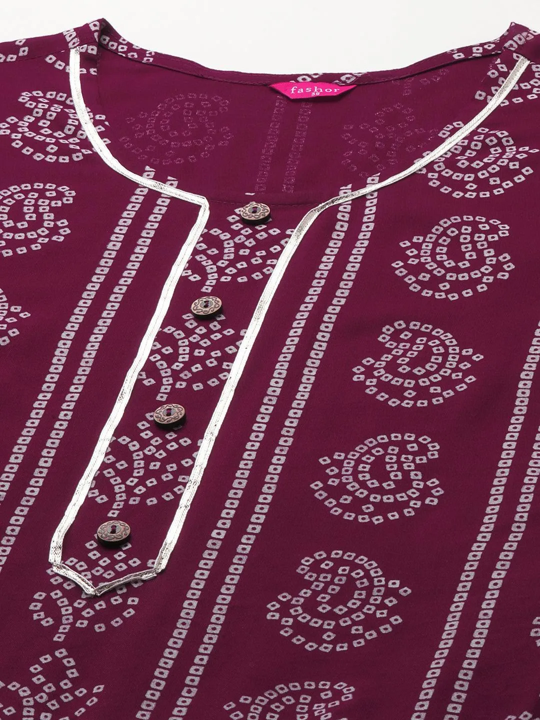 Bandhani Khari Printed Kurta with Ethnic Printed Tiered Skirt & 2-Ply Mask - Wine