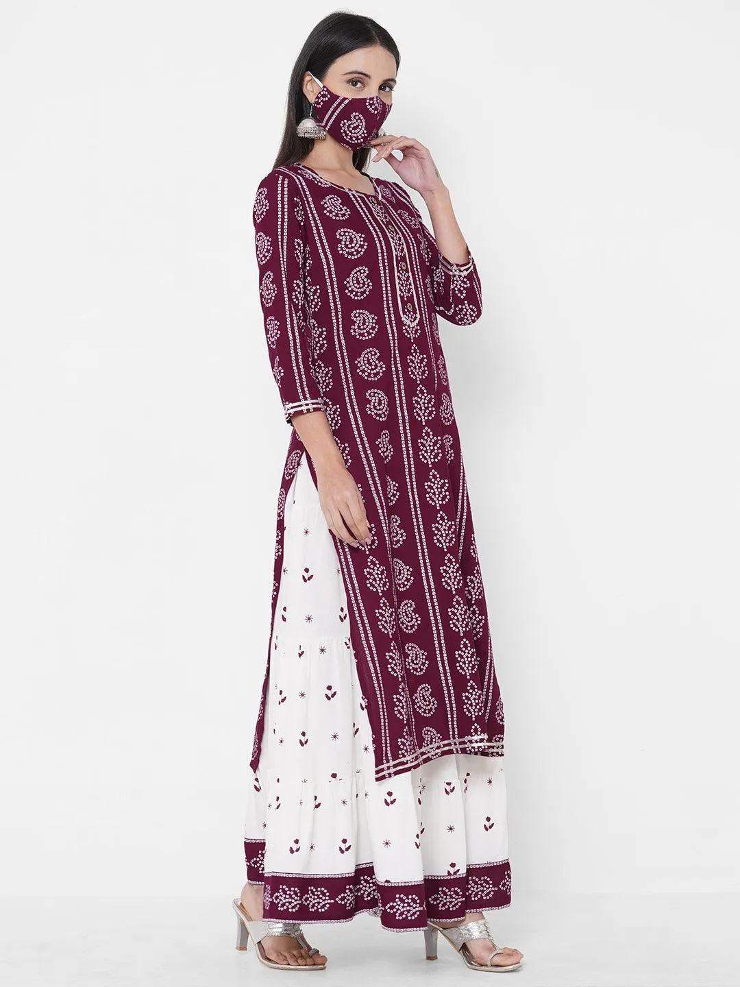 Bandhani Khari Printed Kurta with Ethnic Printed Tiered Skirt & 2-Ply Mask - Wine