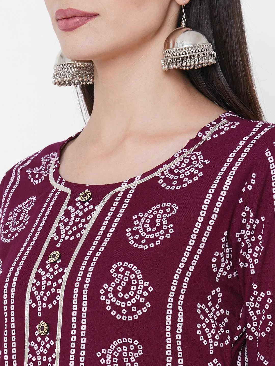 Bandhani Khari Printed Kurta with Ethnic Printed Tiered Skirt & 2-Ply Mask - Wine