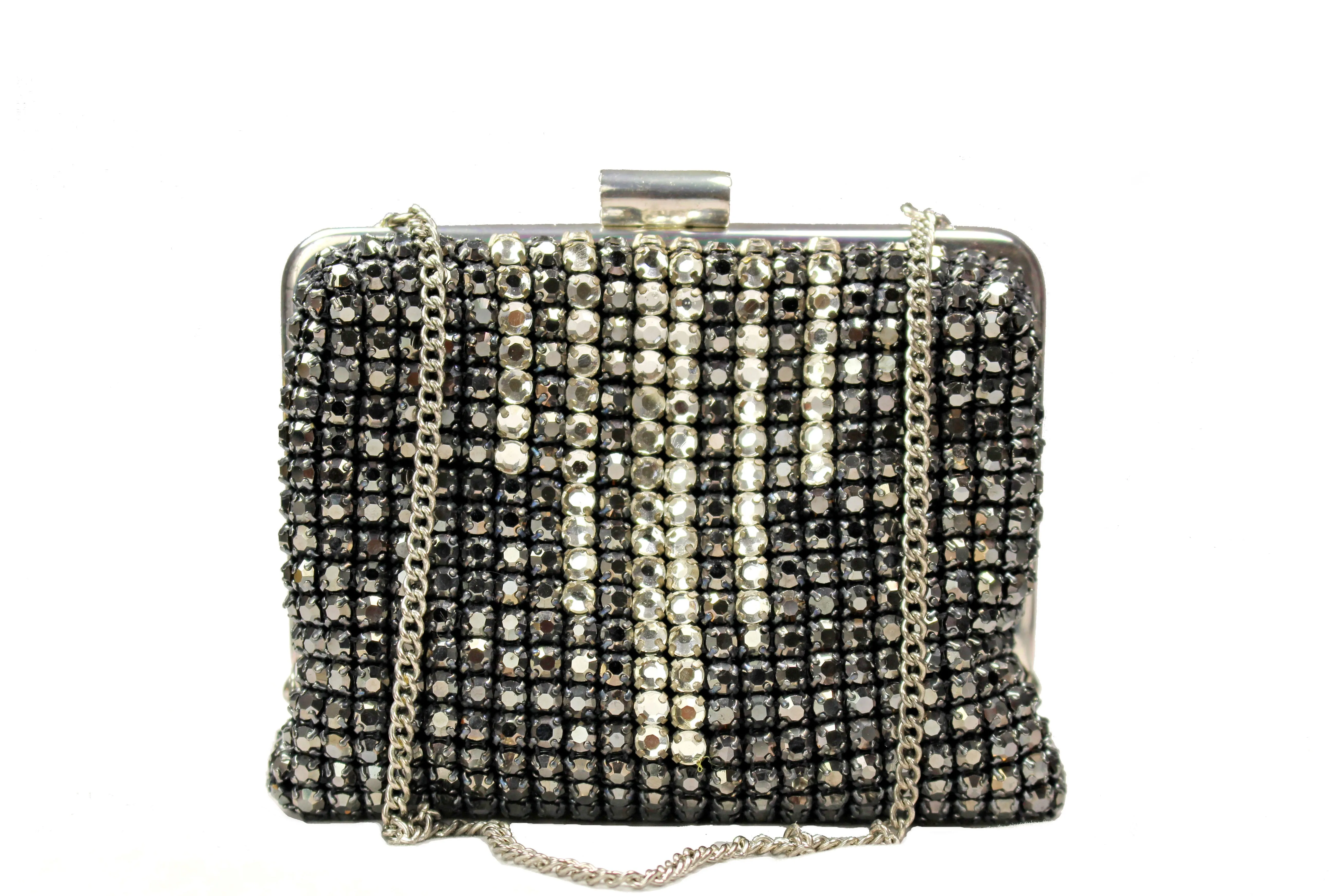 Bicolor rhinestone clutch with silver chain handle