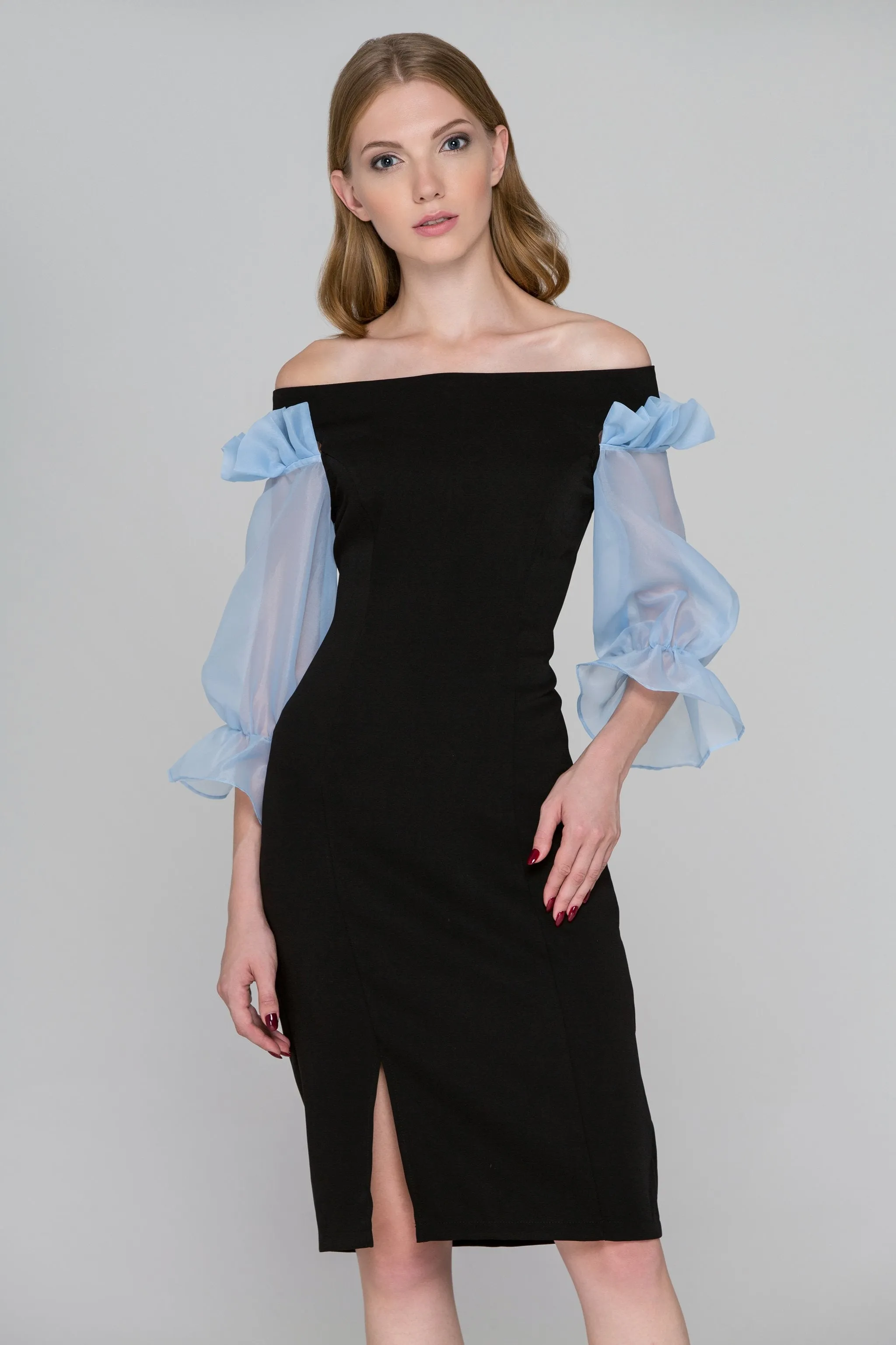 Black and Blue Sheer Ruffle Sleeve Midi Dress