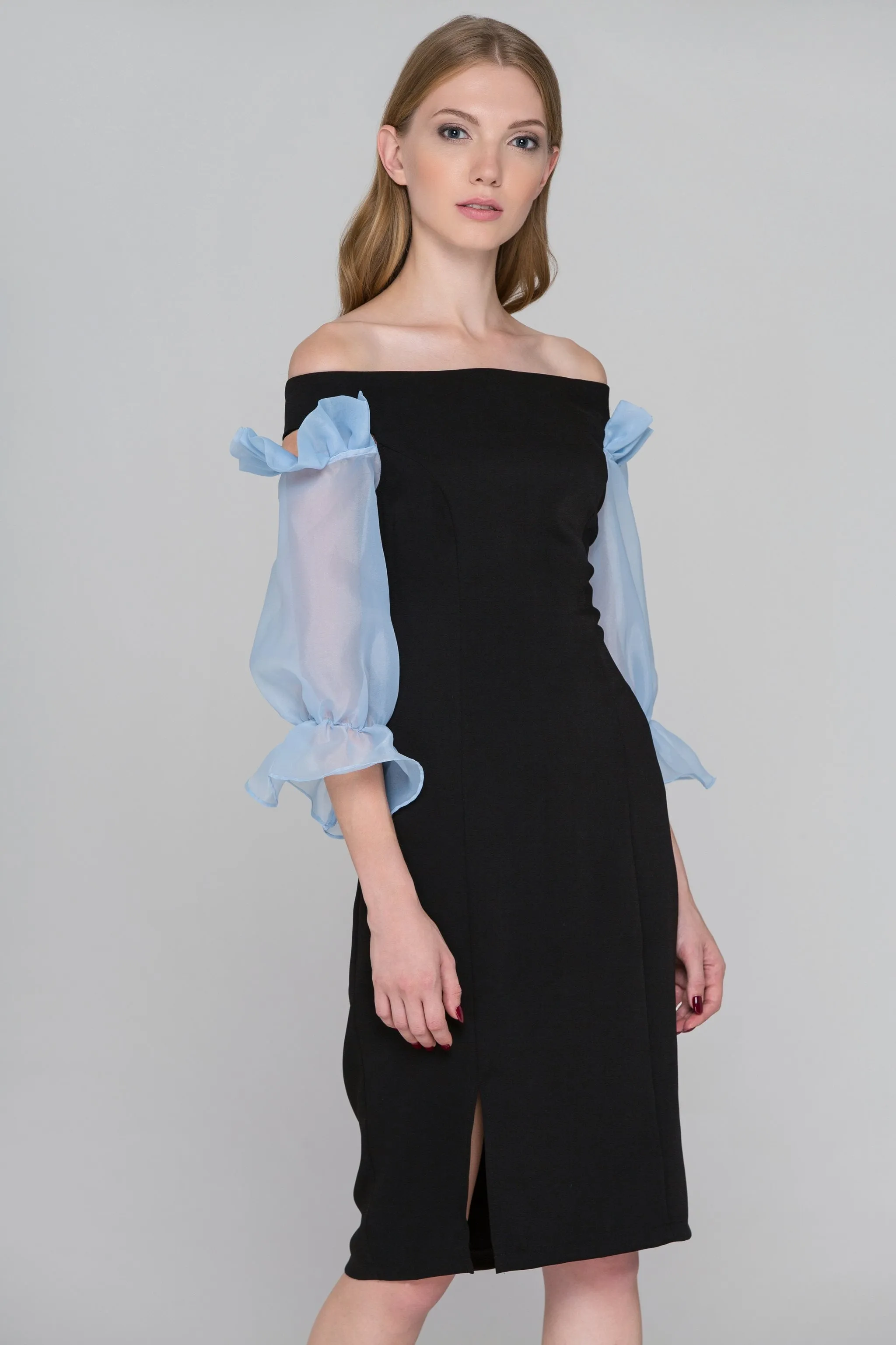 Black and Blue Sheer Ruffle Sleeve Midi Dress