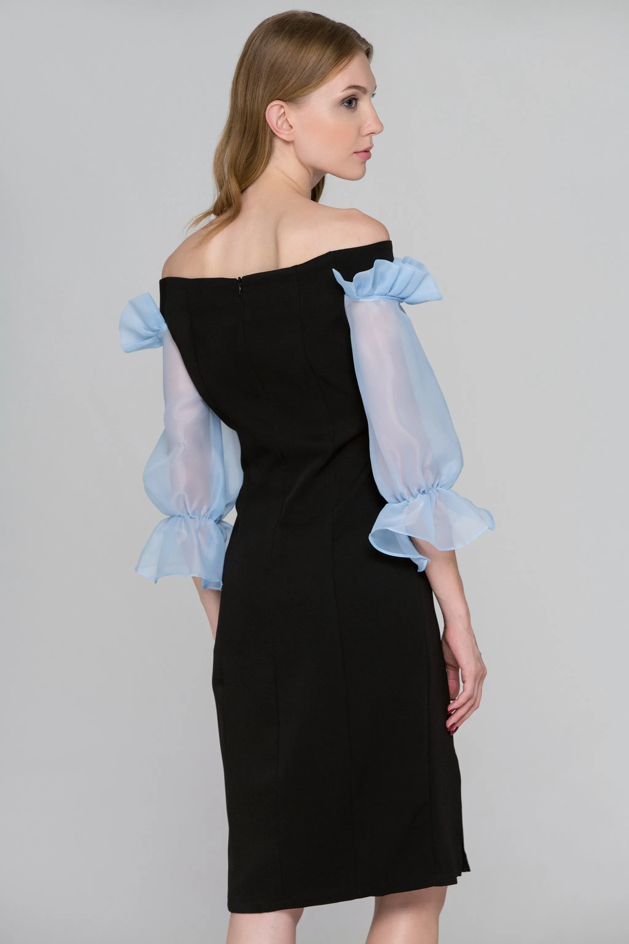 Black and Blue Sheer Ruffle Sleeve Midi Dress