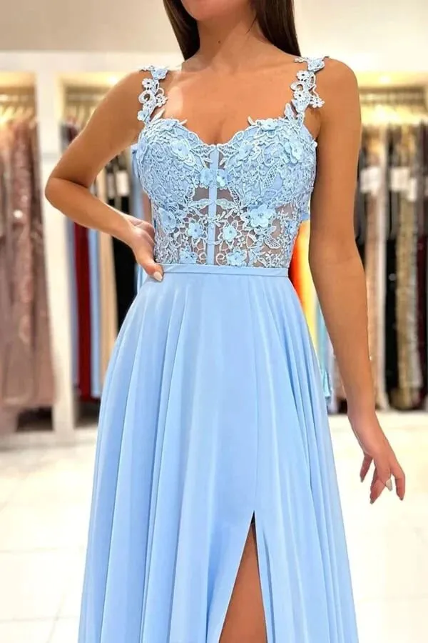 Blue Chiffon A-line Prom Dresses With Lace Appliques, Evening dresses,BD930720