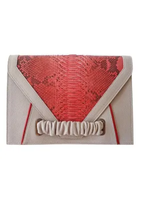 Borsa Clutch fango con inserto in pitone corallo