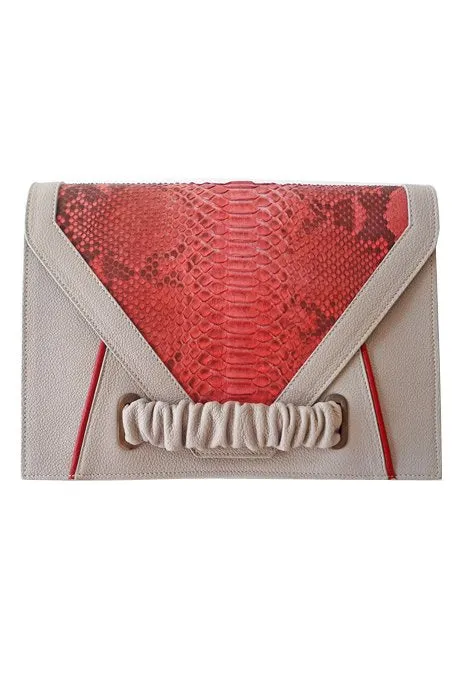 Borsa Clutch fango con inserto in pitone corallo