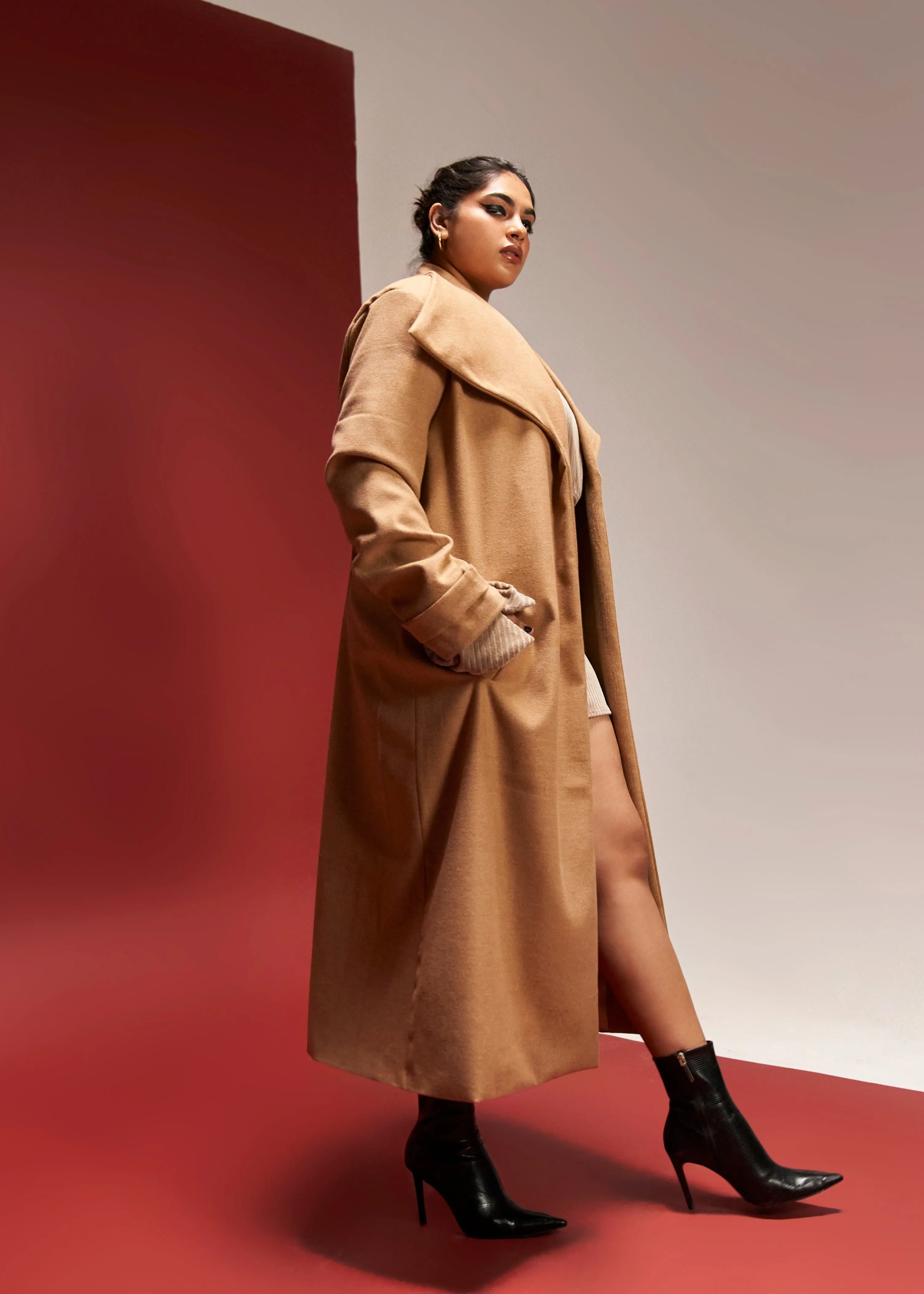 Brisa Camel Long Overcoat with Snap Button Detailing