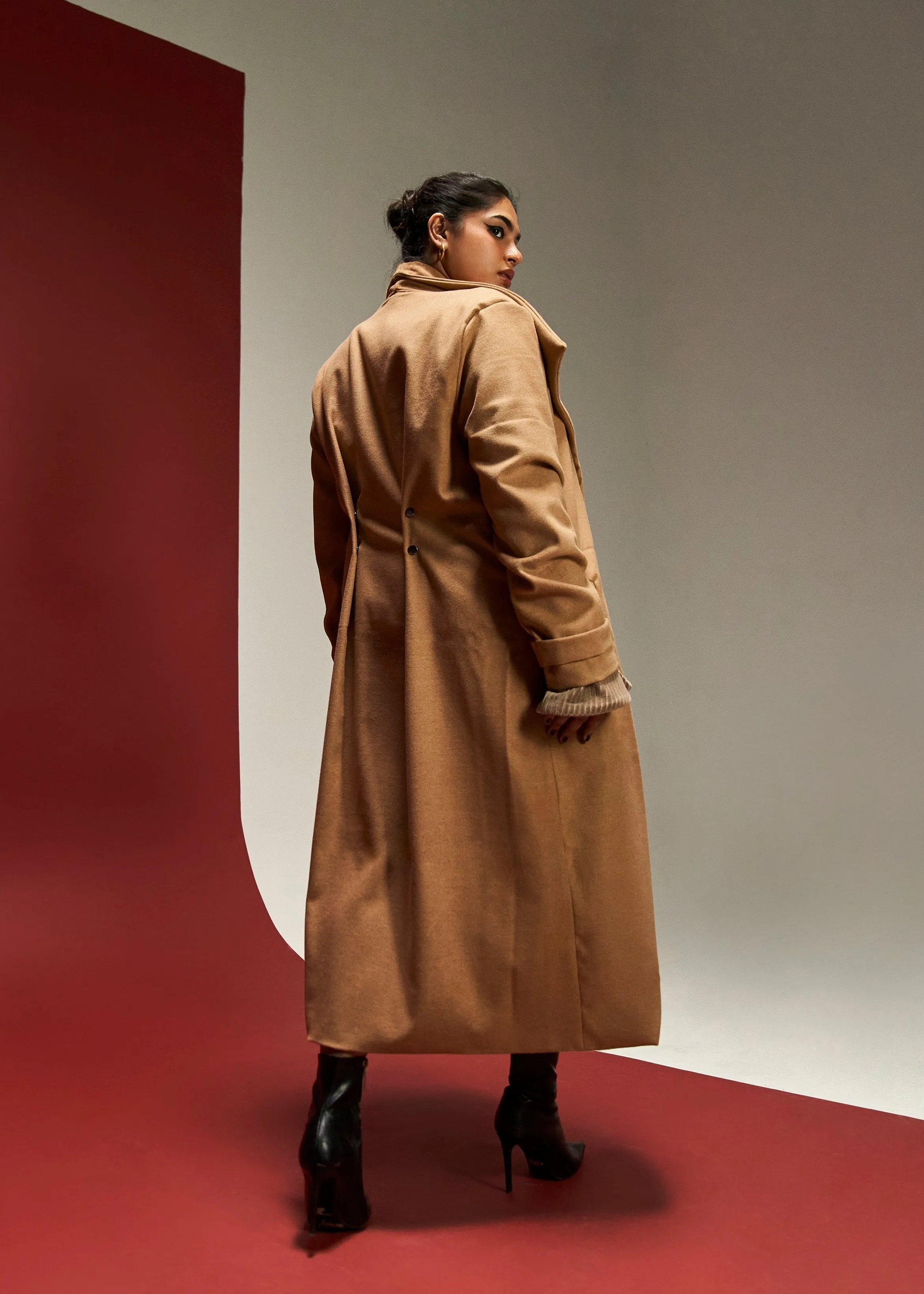 Brisa Camel Long Overcoat with Snap Button Detailing