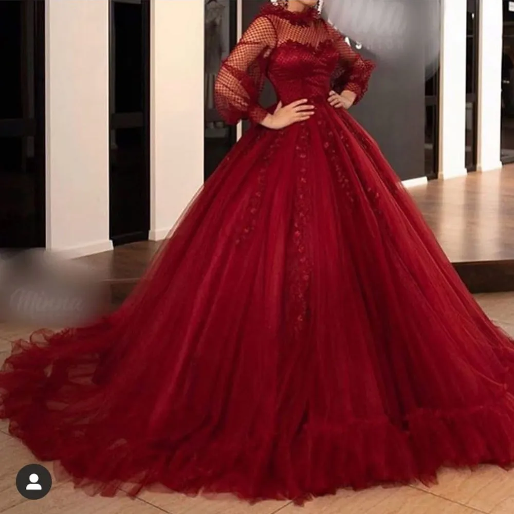 Burgundy ball gown prom dresses long sleeve lace appliqué elegant prom gowns vestido de graduation