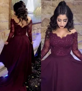 burgundy lace prom dresses long sleeve beaded aplique elegant high low prom gown robe de soiree