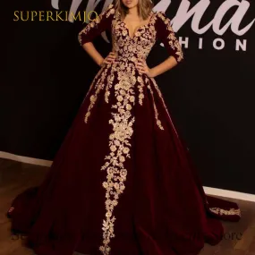 burgundy prom dresses ball gown lace applique vintage luxury elegant prom gown vestido de fiesta