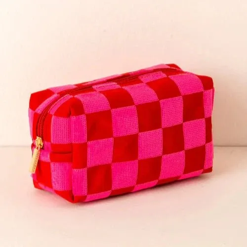 Cara Check Pattern Zip Pouch in Red & Pink