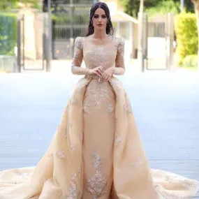 champagne prom dresses with removable skirt lace applique arabic long sleeve vintage prom gown