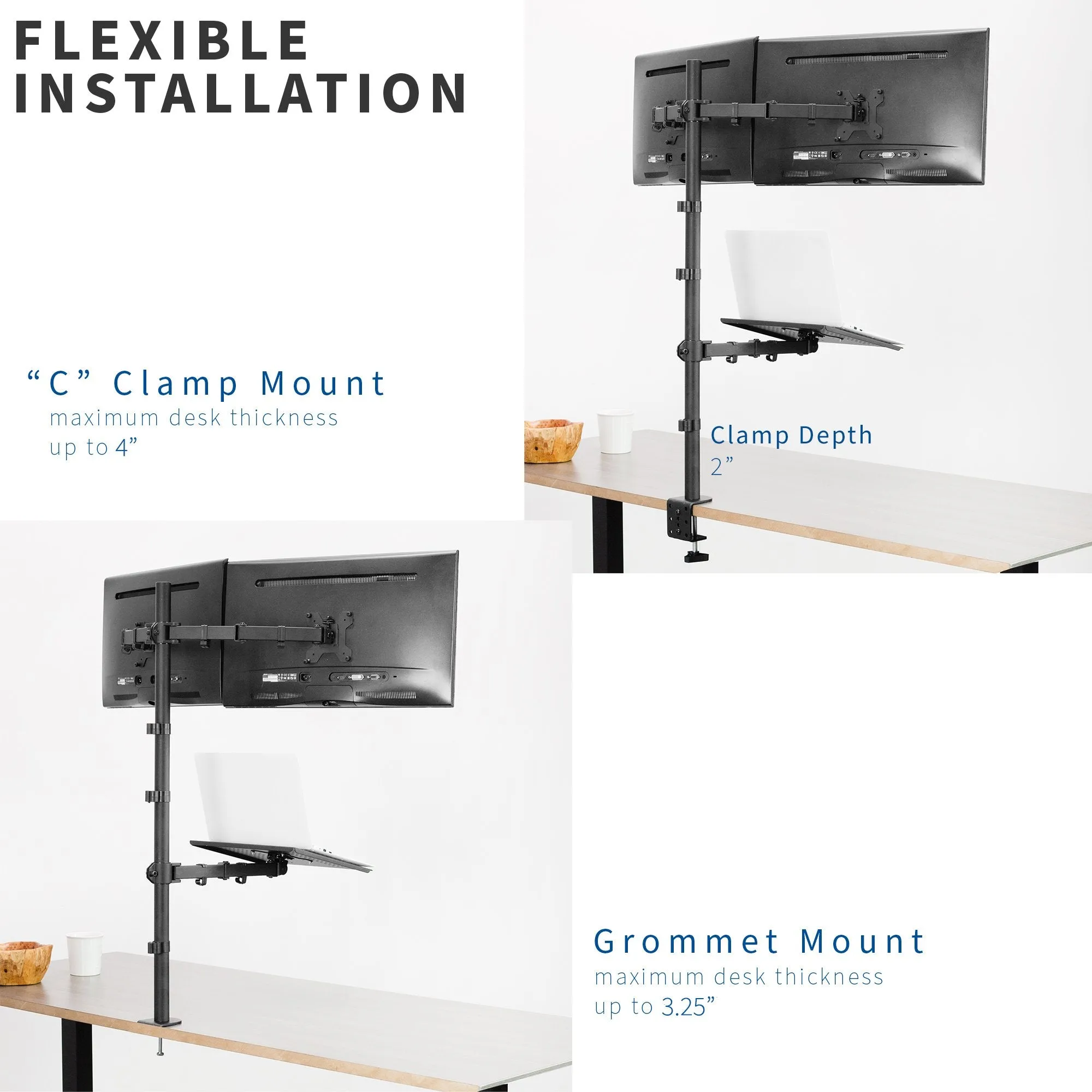 Dual Monitor Extra Tall Desk Mount with Laptop Holder