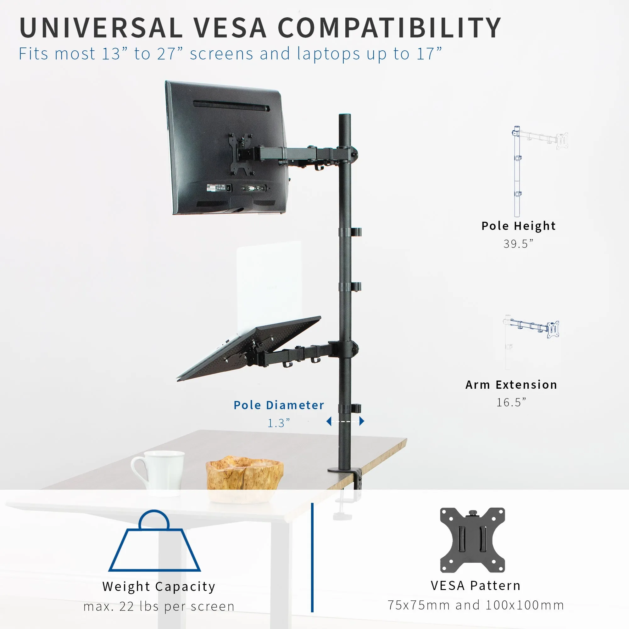 Dual Monitor Extra Tall Desk Mount with Laptop Holder