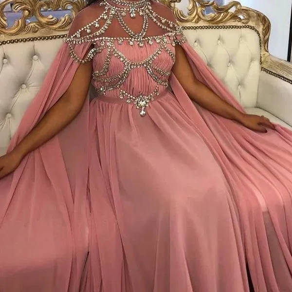 Dubai caftan muslim prom dresses beaded pink crystal elegant vintage cheap prom gown 2021