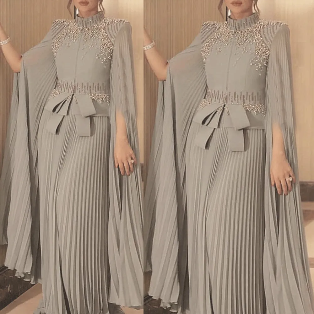 Dubai caftan silver prom dresses 2020 high neck arabic beaded elegant chiffon cheap prom gown muslim caftan