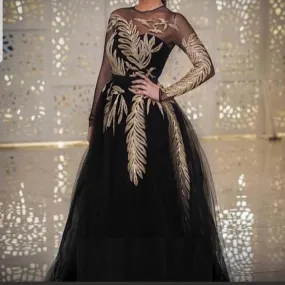 embroidery appliqué black prom dresses 2020 long sleeve tulle elegant cheap prom gown vestido de festa