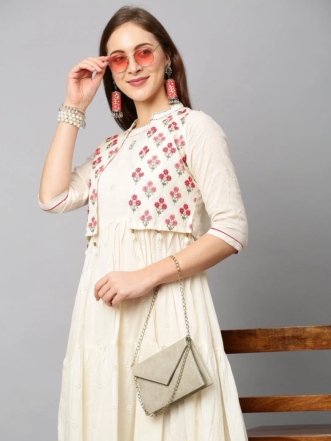 Ethnic Embroidered Tiered Maxi Dress with Embroidered Jacket - Cream