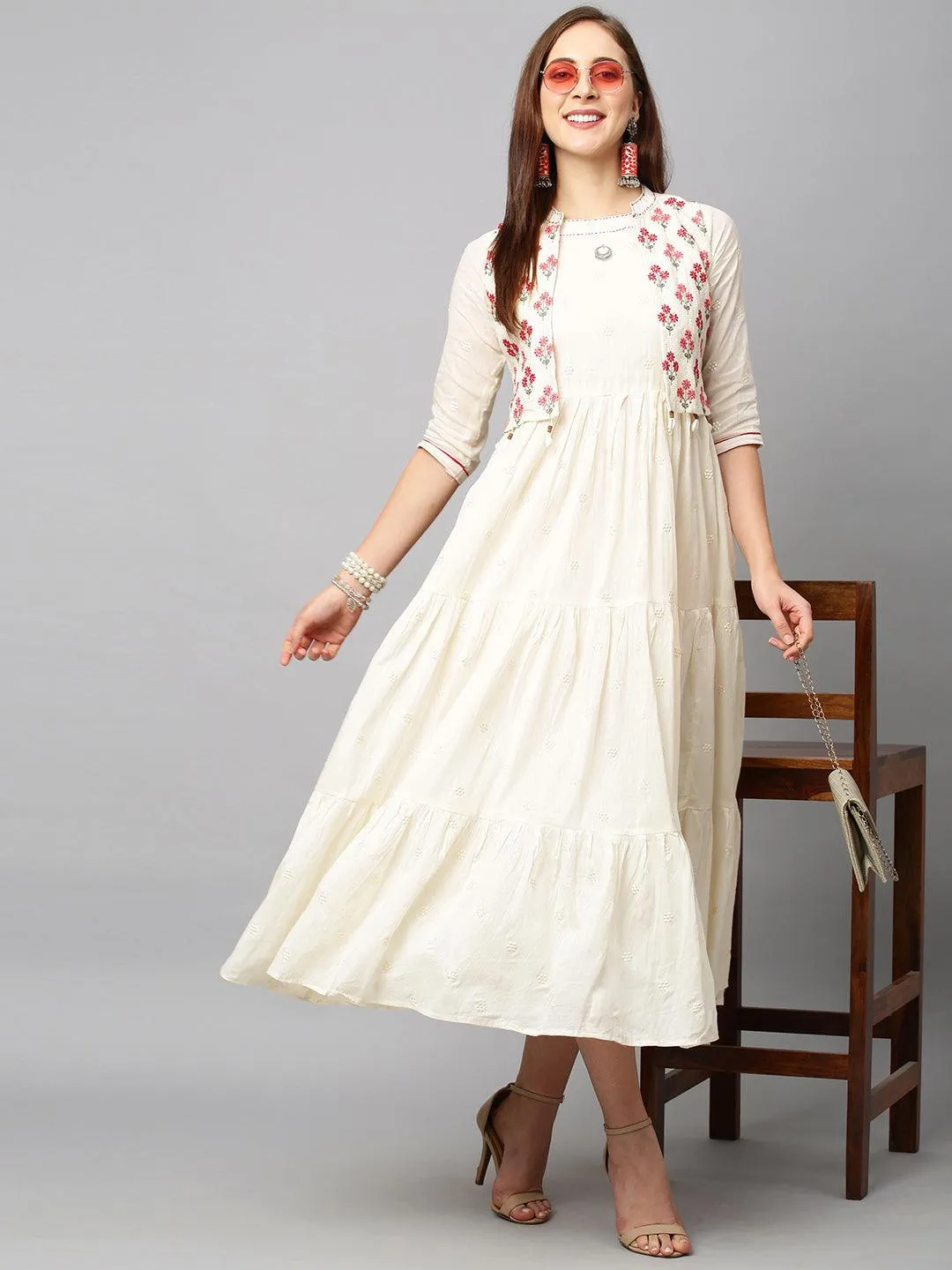 Ethnic Embroidered Tiered Maxi Dress with Embroidered Jacket - Cream