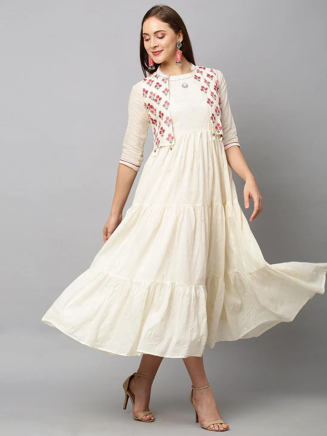 Ethnic Embroidered Tiered Maxi Dress with Embroidered Jacket - Cream