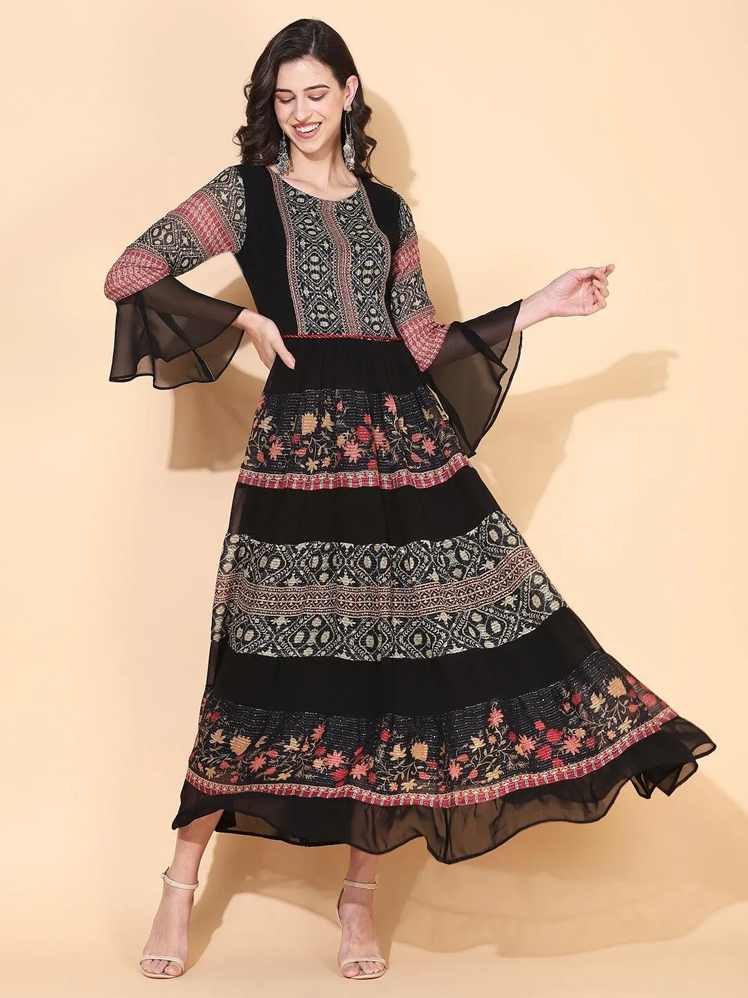 Ethnic Printed & Embroidered Tiered Flared Maxi Dress - Black