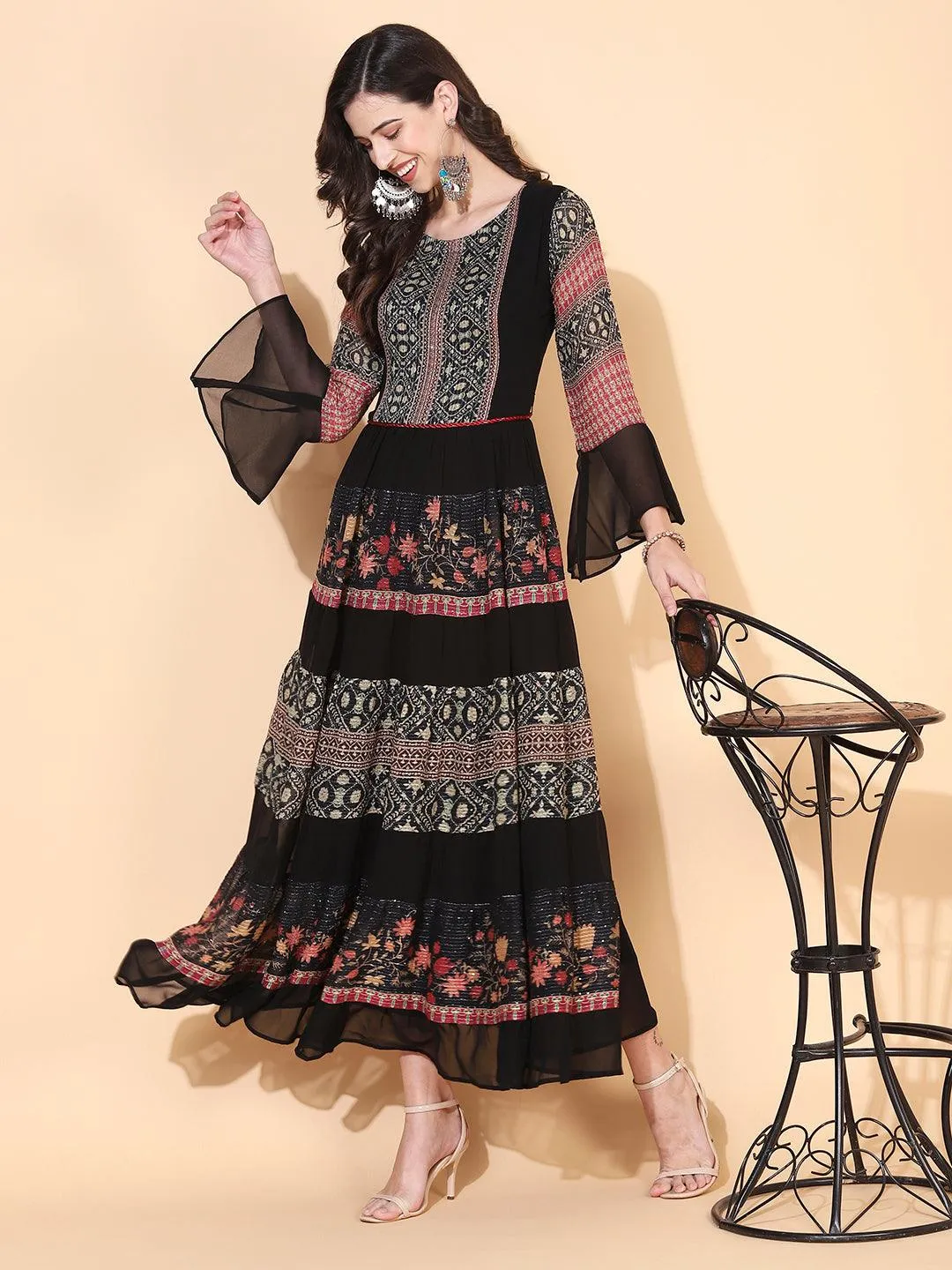 Ethnic Printed & Embroidered Tiered Flared Maxi Dress - Black