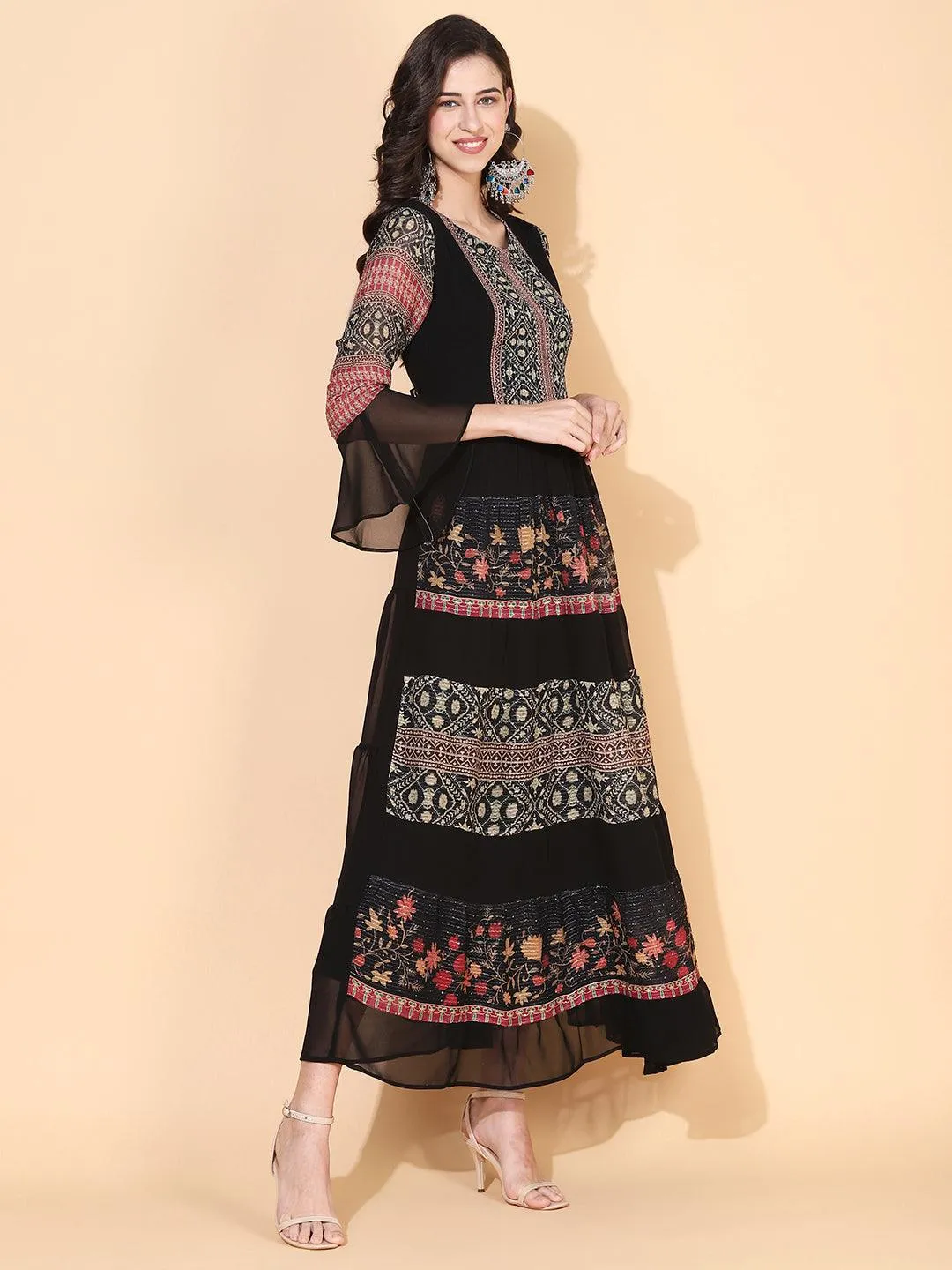 Ethnic Printed & Embroidered Tiered Flared Maxi Dress - Black