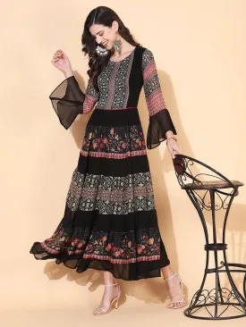 Ethnic Printed & Embroidered Tiered Flared Maxi Dress - Black