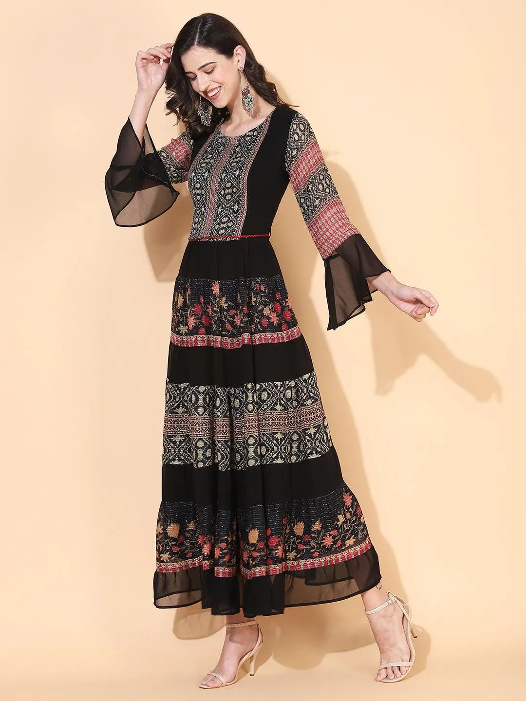 Ethnic Printed & Embroidered Tiered Flared Maxi Dress - Black