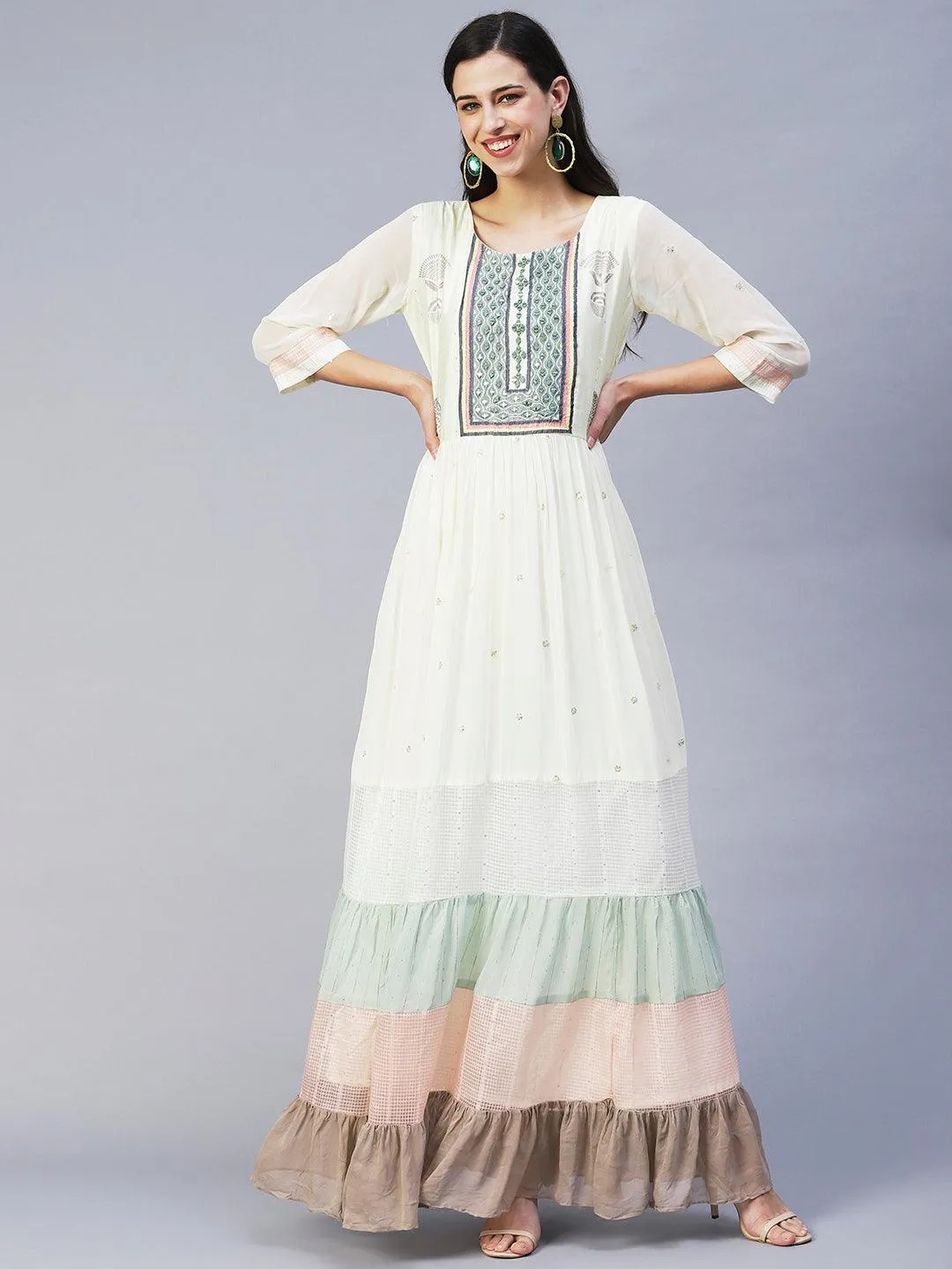 Ethnic Printed & Embroidered Tiered Flared Maxi Dress - Cream