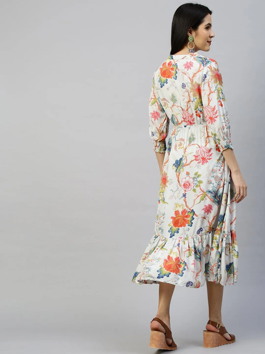 Floral Garden Printed Flounce Dress - Ice Blue