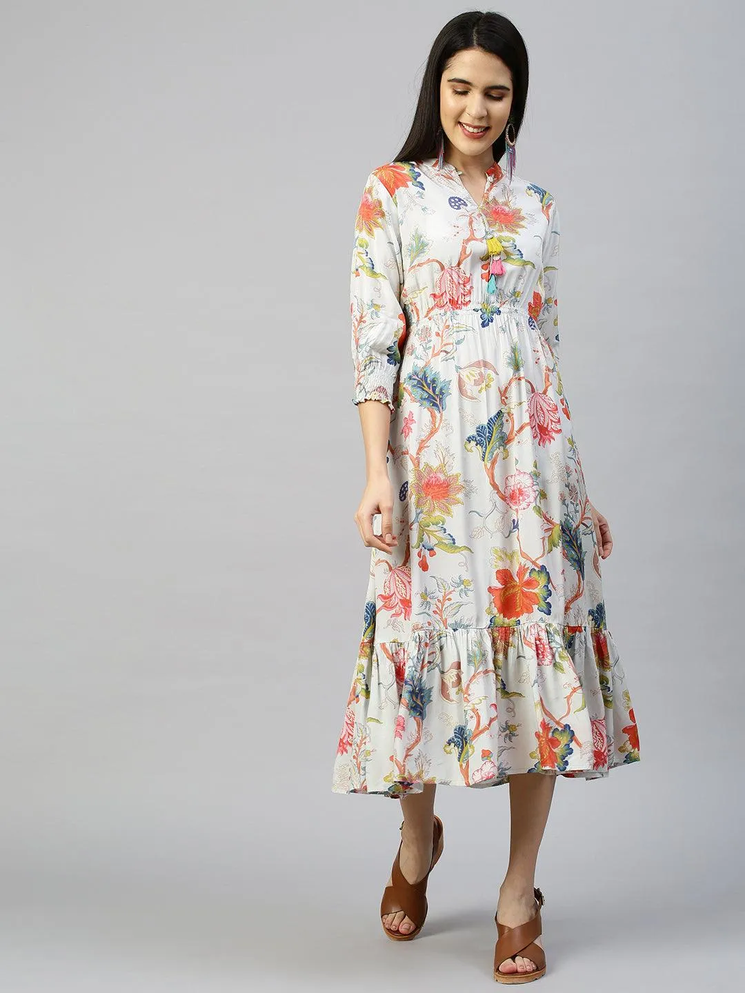 Floral Garden Printed Flounce Dress - Ice Blue