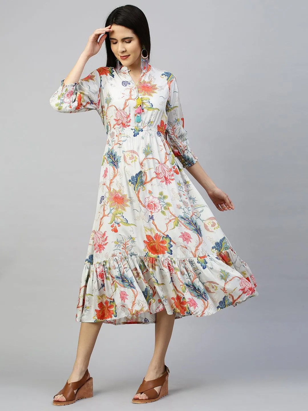 Floral Garden Printed Flounce Dress - Ice Blue