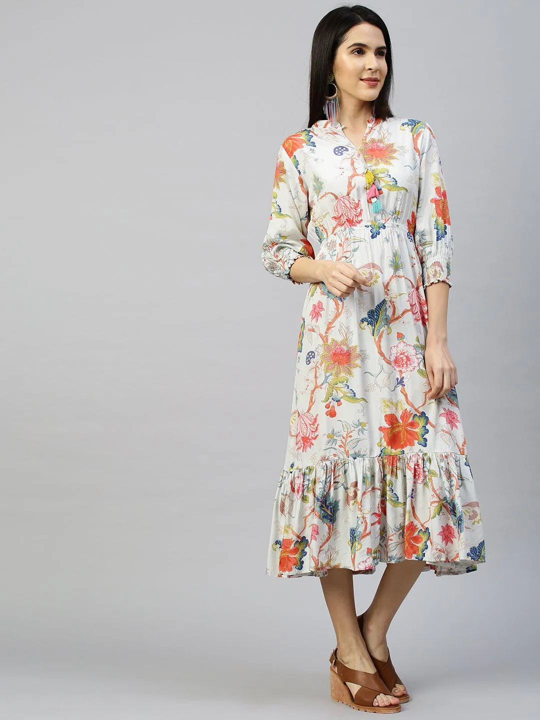 Floral Garden Printed Flounce Dress - Ice Blue