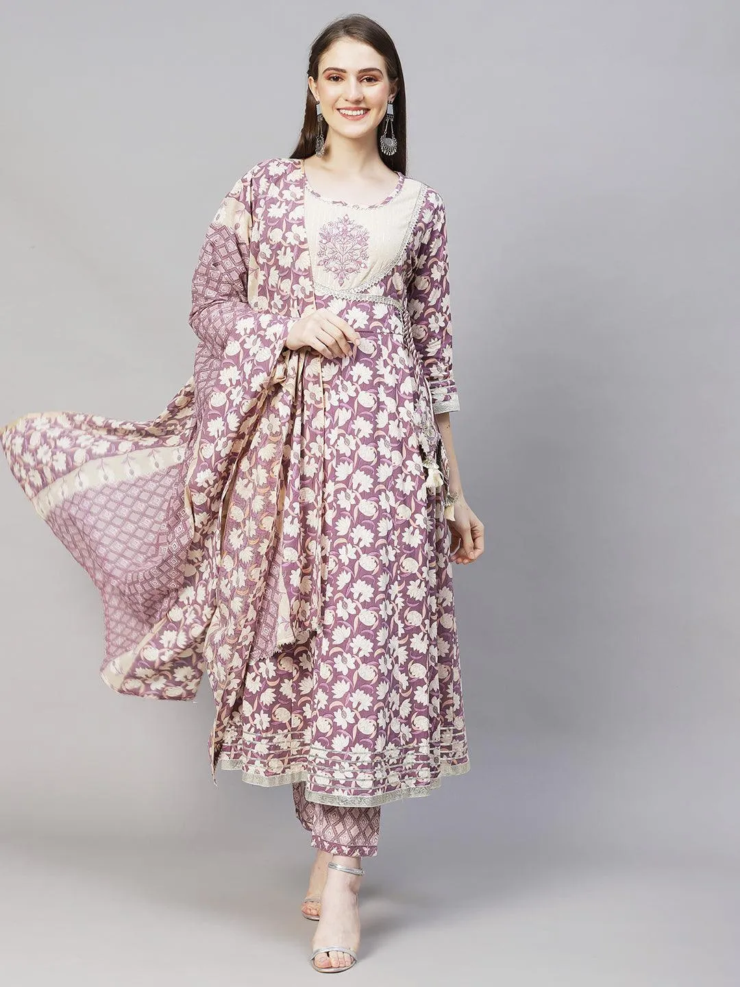 Floral Printed & Embroidered Anarkali Kurta with Pants & Dupatta - Lilac Purple