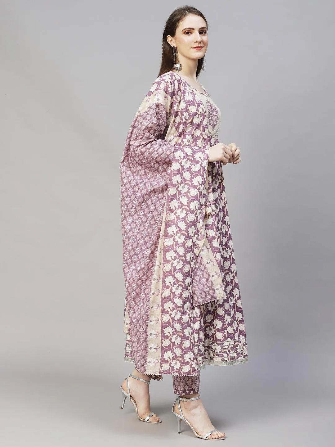 Floral Printed & Embroidered Anarkali Kurta with Pants & Dupatta - Lilac Purple