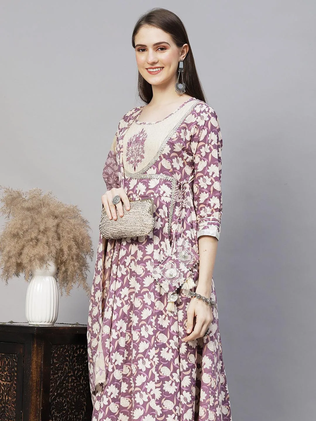 Floral Printed & Embroidered Anarkali Kurta with Pants & Dupatta - Lilac Purple