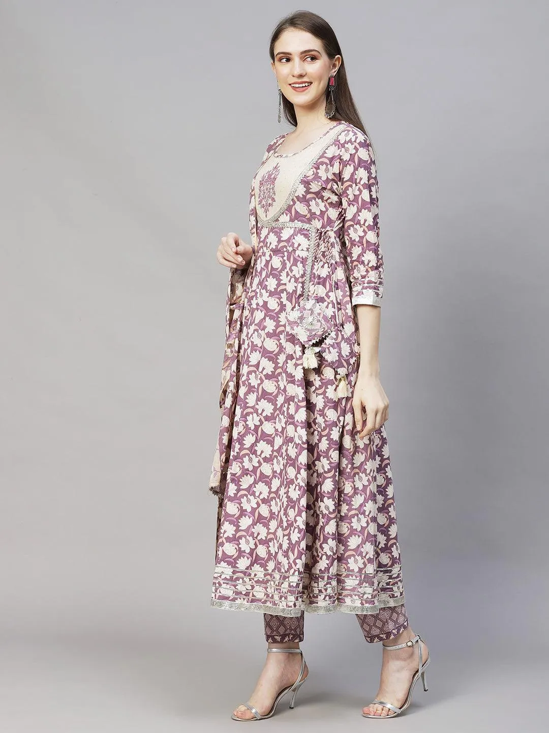 Floral Printed & Embroidered Anarkali Kurta with Pants & Dupatta - Lilac Purple