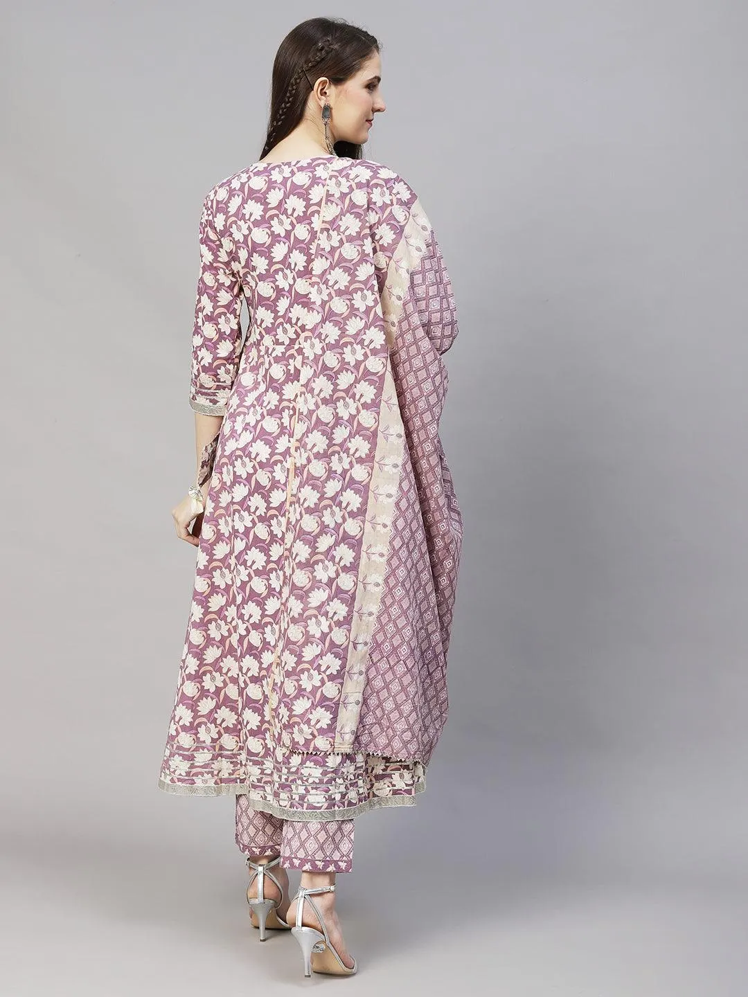 Floral Printed & Embroidered Anarkali Kurta with Pants & Dupatta - Lilac Purple