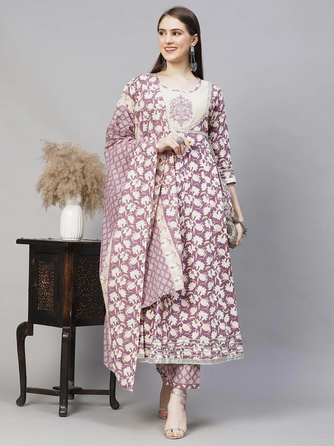 Floral Printed & Embroidered Anarkali Kurta with Pants & Dupatta - Lilac Purple