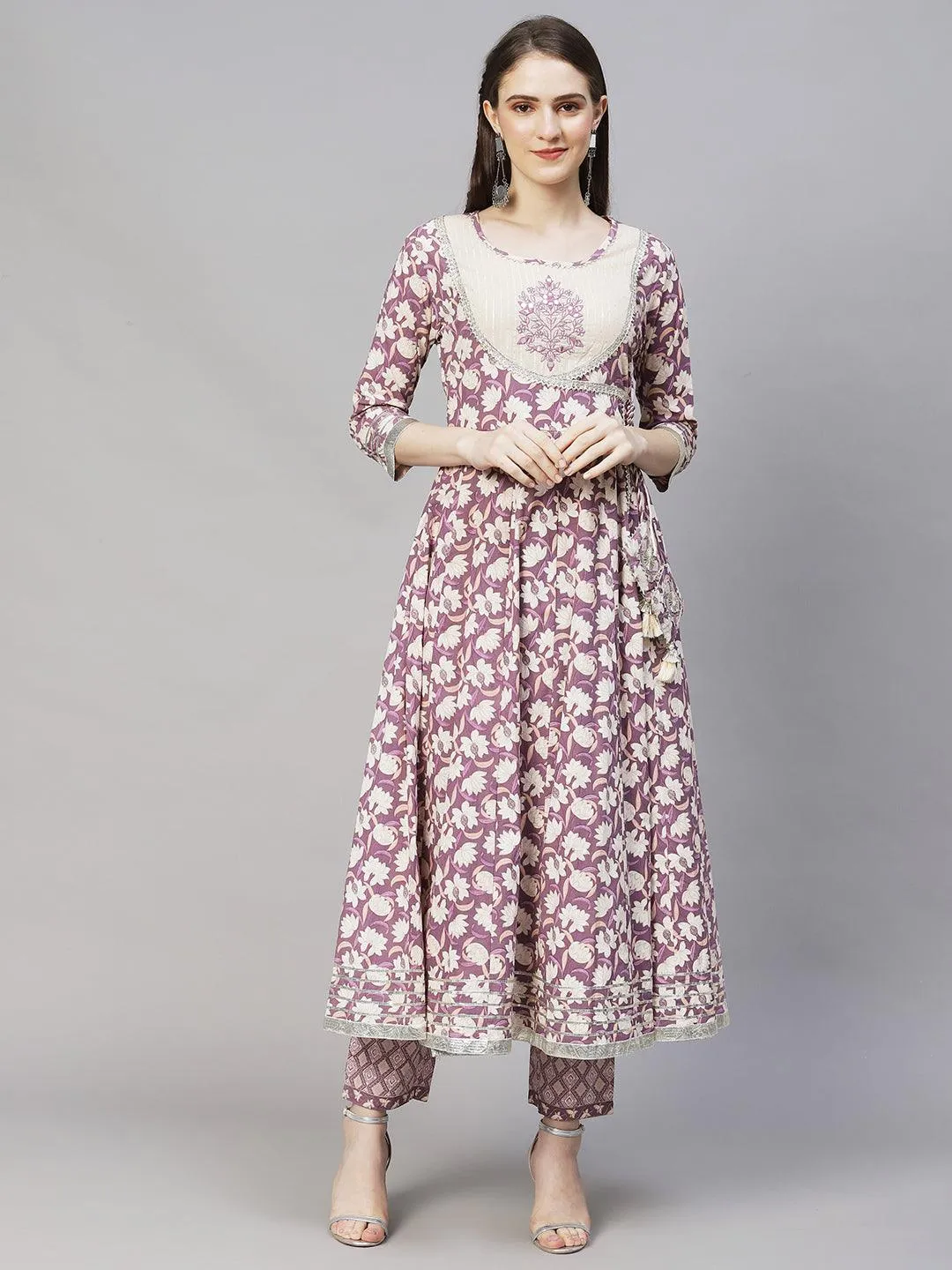 Floral Printed & Embroidered Anarkali Kurta with Pants & Dupatta - Lilac Purple